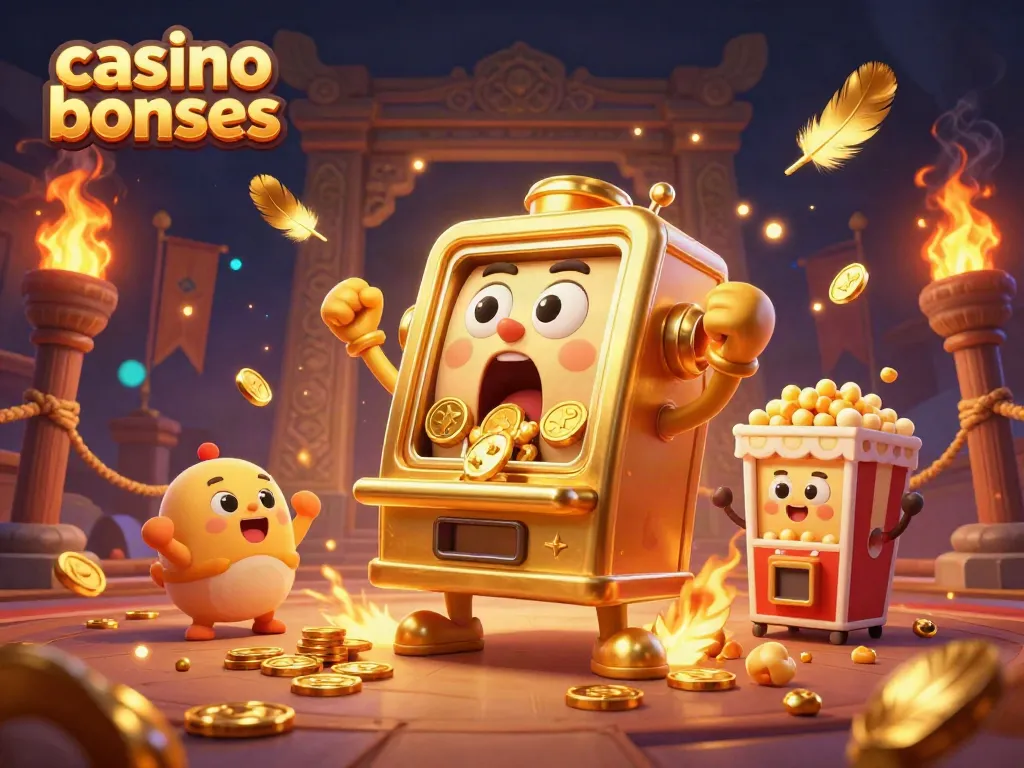 Exciting casino bonuses depicted with a golden slot machine achieving a jackpot amidst golden coins and lively sidekick characters.