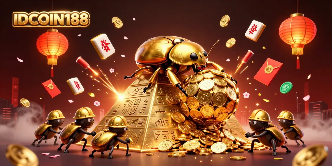 IDCOIN188 showcases a vibrant casino scene with golden beetles and festive elements.