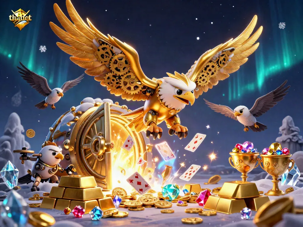 Engage at thabet with a diving eagle among holographic cards, showcasing an exciting casino atmosphere.