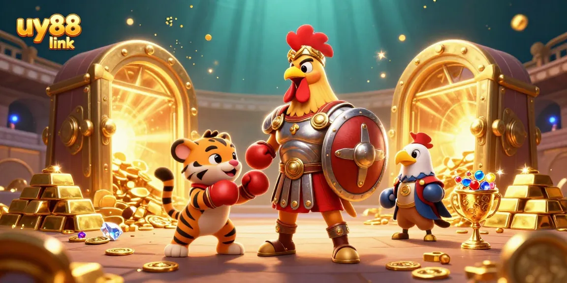 Engage with thrilling gameplay at uy88 link with a dazzling 3D casino scene showcasing vibrant treasures.