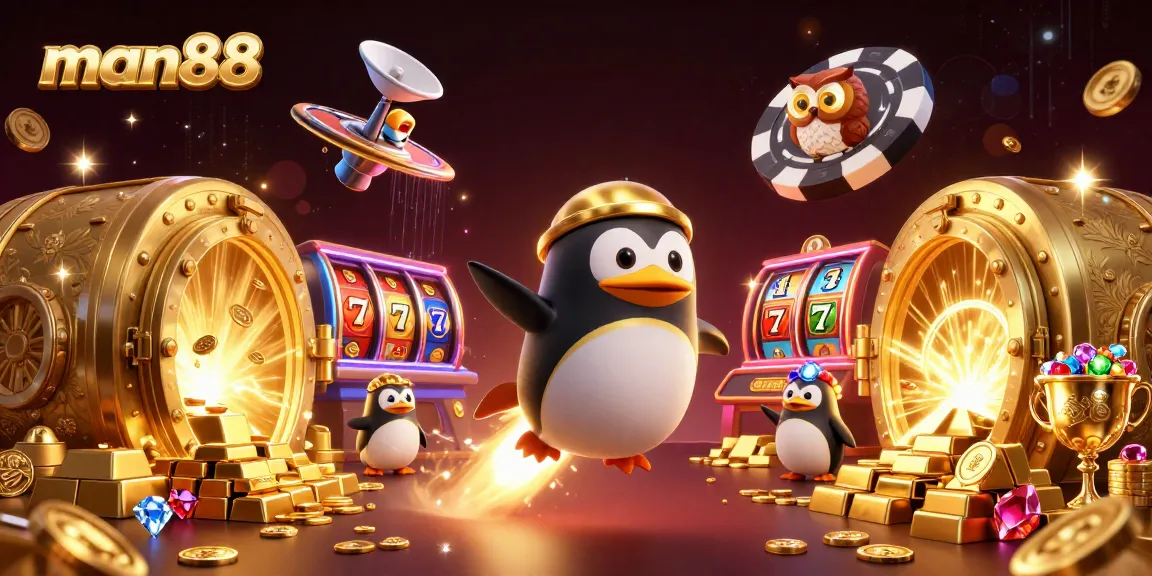 Engage with man88: Rocket-powered penguin ignites the casino universe with golden coins and treasures.
