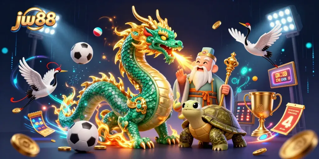 Engaging jw88 online casino scene with a jade dragon, turtle sage, and sports elements.