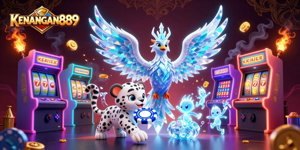Engage with KENANGAN889 by spinning slot reels with an ice phoenix and snow leopard in a dynamic casino scene.