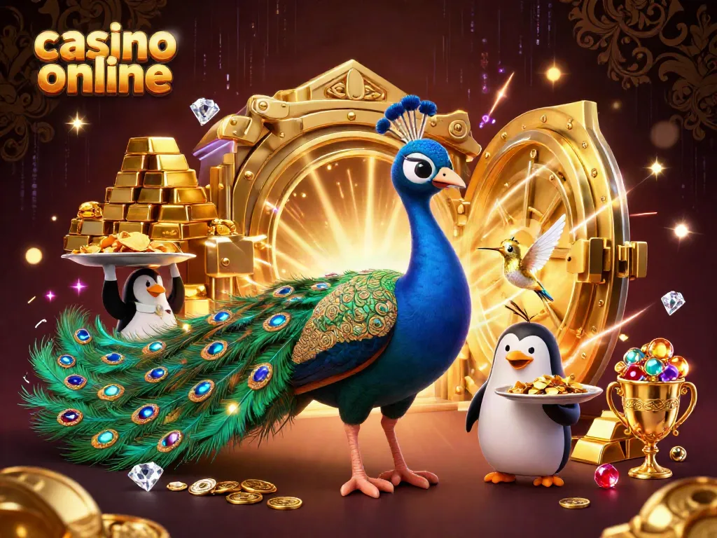 Descubre la emoción del casino online con un pavo real y un pingüino sirviente mostrando fichas doradas.