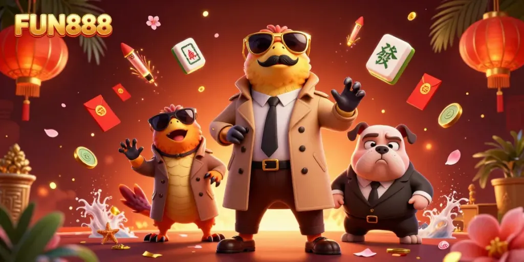 Join the FUN888 adventure in an ultra-detailed casino scene filled with vibrant gambling elements.