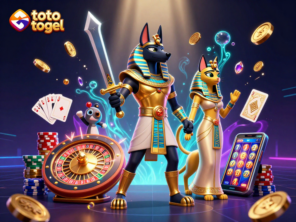 Toto togel dan pengalaman bermain seru dengan Anubis dan Bastet, dikelilingi koin emas berkilau.