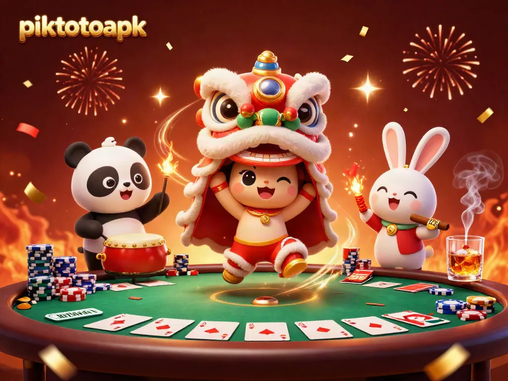 Experience the excitement of piktotoapk with a festive lion dance and vibrant casino elements.
