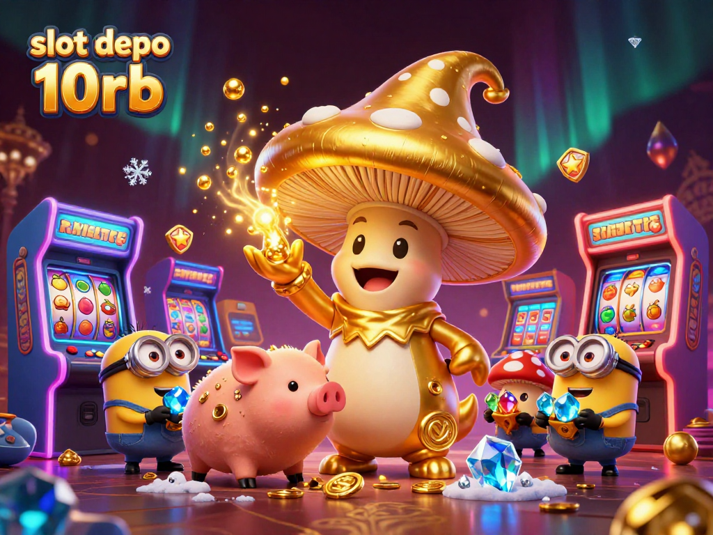 Spin and win big with slot depo 10rb in a vibrant 3D casino illustration featuring magic and treasure!
