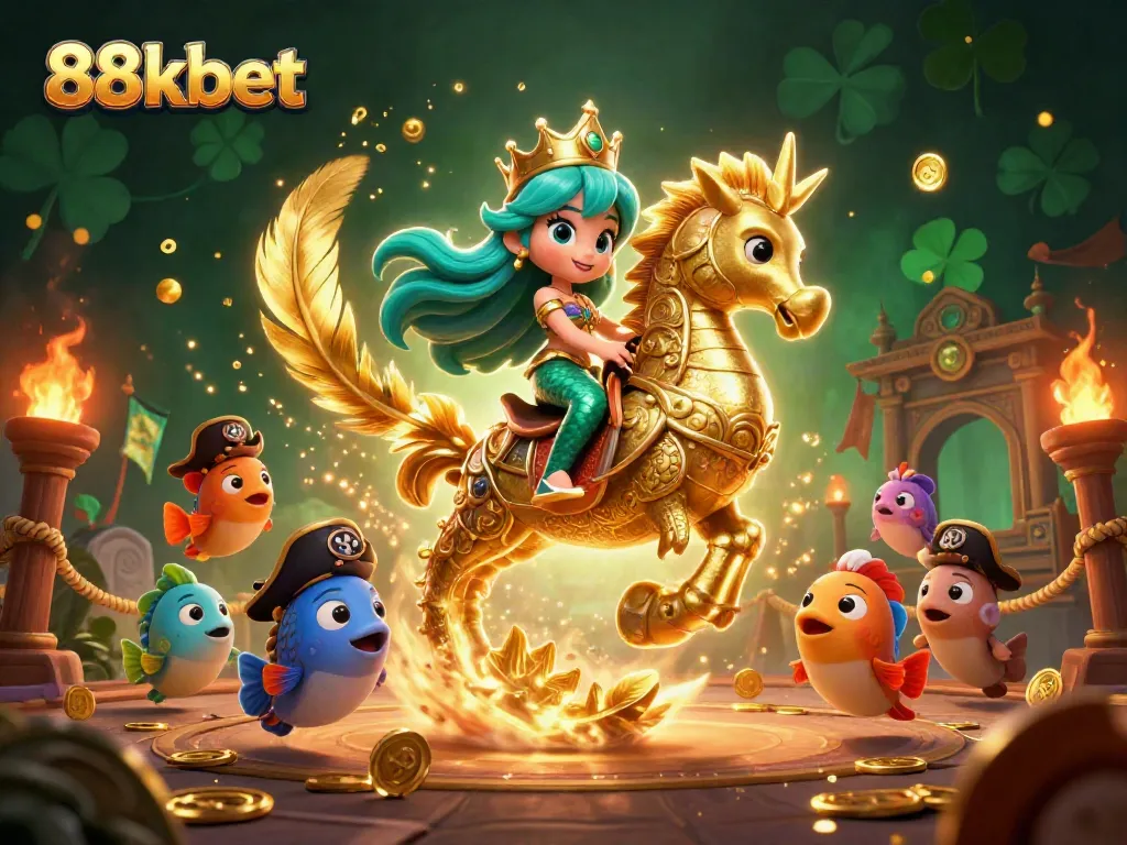 Engage with the vibrant 88kbet casino scene featuring a mermaid princess and her seahorse companion amidst colorful gaming elements.