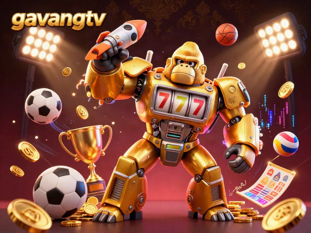 Experience the thrill of sports betting with gavangtv's dynamic gorilla mech illustration featuring sports balls and glowing elements.
