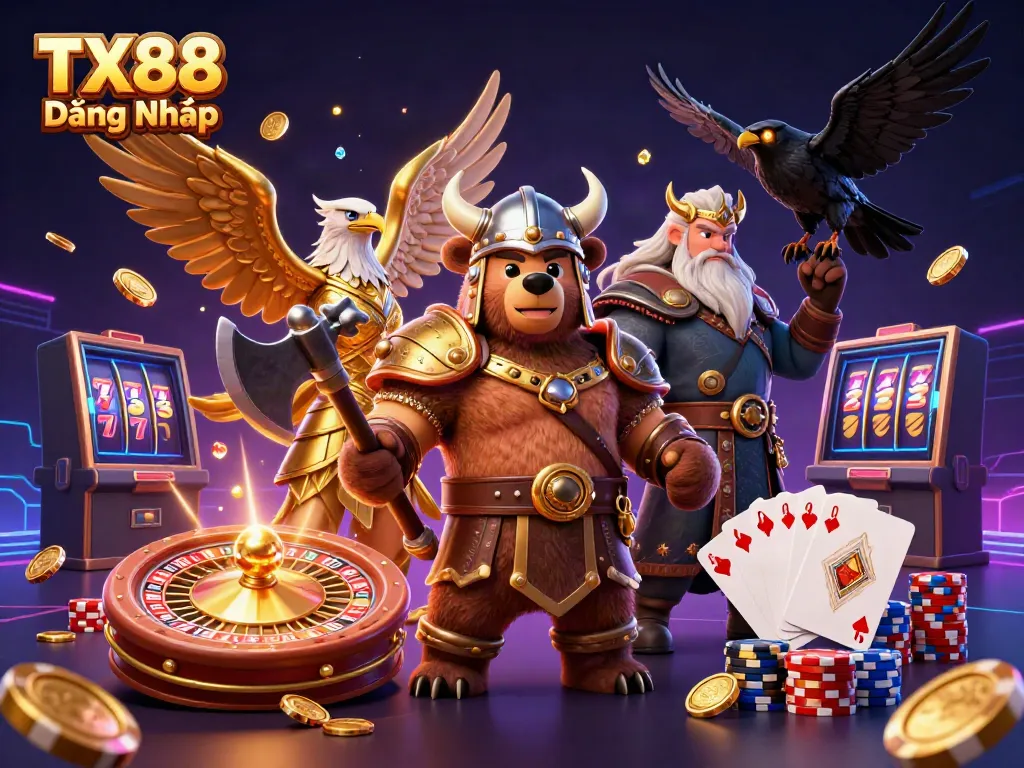 Experience TX88 Đăng Nhập with a vibrant 3D casino scene showcasing a Viking bear and Valkyrie eagle.