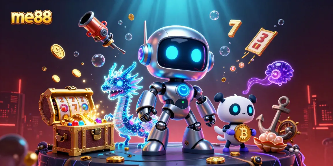 Experience live casino action with me88 featuring a futuristic cyberpunk robot, holographic dragon, and bitcoin drone.