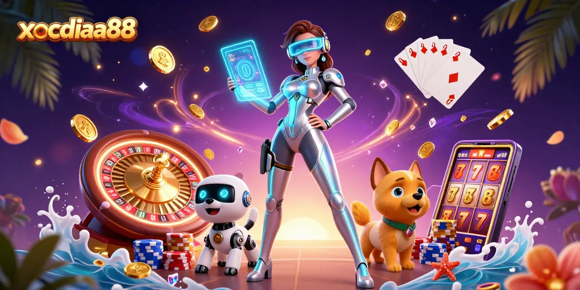 xocdiaa88 offers thrilling gaming action with a dynamic 3D illustration of futuristic characters and casino elements.