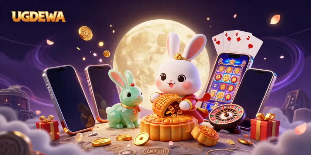 Experience the excitement of UGDEWA's vibrant casino world with a dynamic lunar-themed illustration.