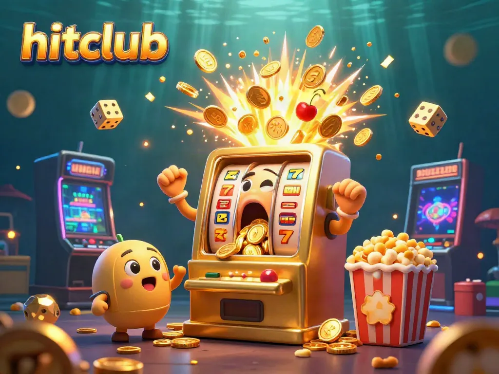 Hitclub slot machine ecstatic as it hits the jackpot, coins pouring out in a colorful casino scene.