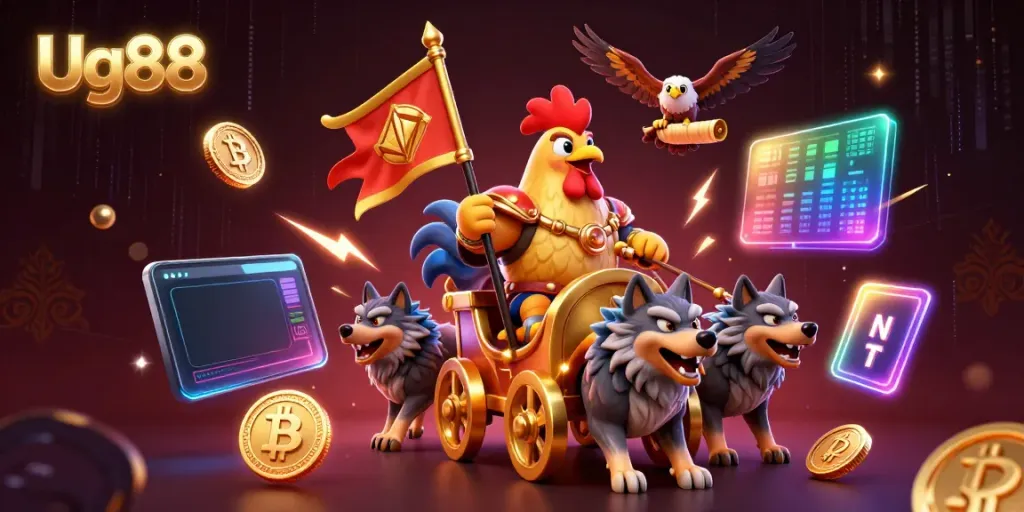 Engaging Ug88 online casino illustration featuring a rooster warlord, wolves, and cryptocurrency elements.