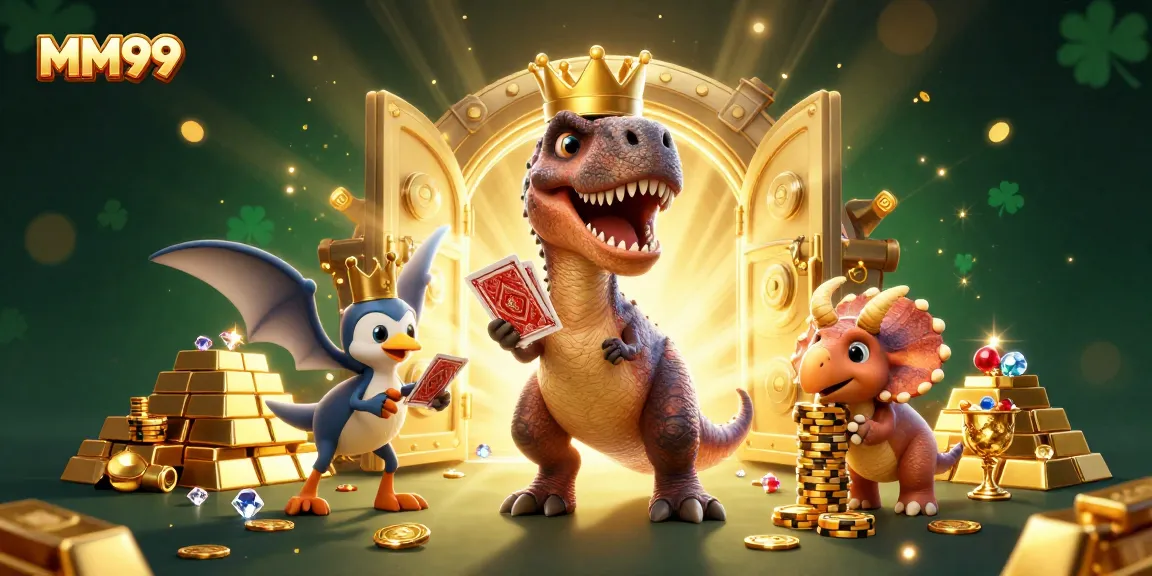 Engage with MM99's vibrant 3D scene featuring a T-Rex and friends in an epic casino setting.