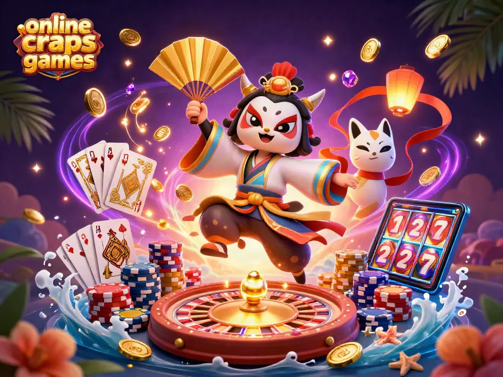Play exciting online craps games with virtual casino characters, gold coins, and vibrant energy.