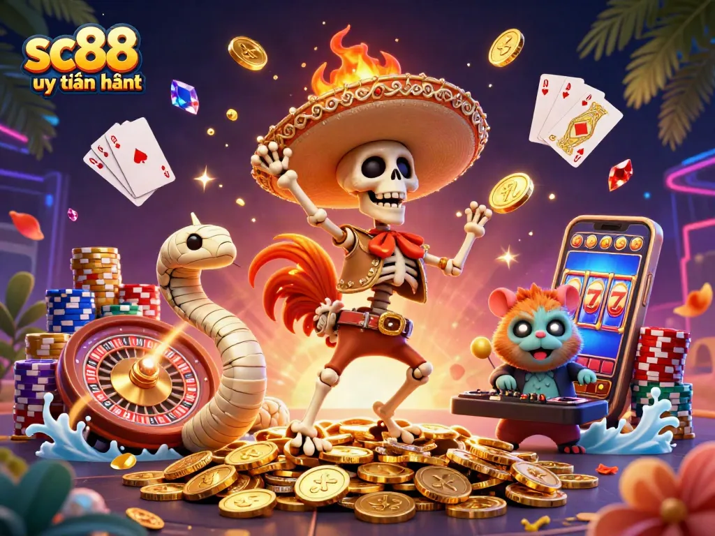 Experience sc88 uy tín không with a lively 3D casino scene filled with fun characters and vibrant gaming elements.