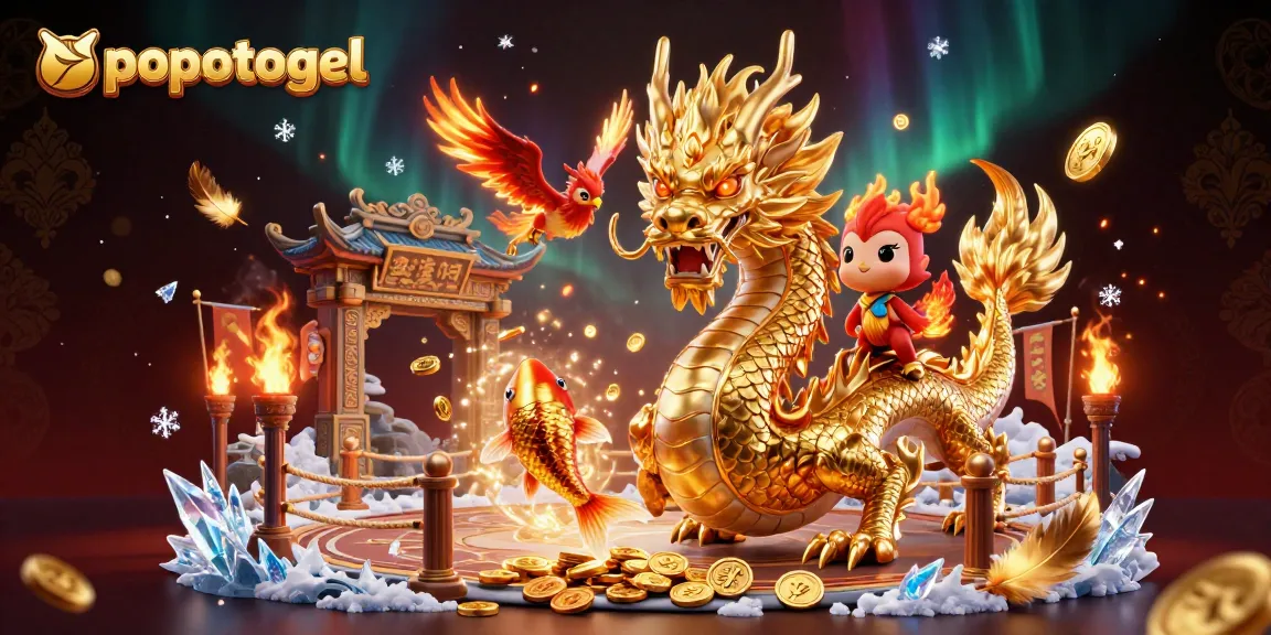 Engage in thrilling gameplay with popotogel featuring a dragon and phoenix amid coins and festive casino elements.