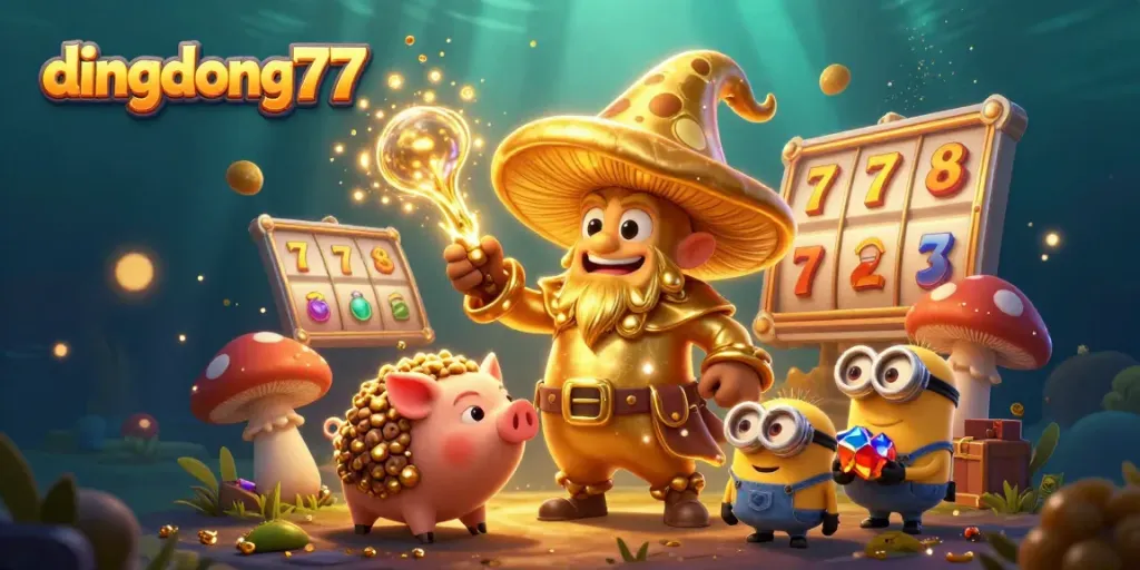 Experience the golden magic of dingdong77 with a vibrant wizard and slot reels sparkling in treasure.