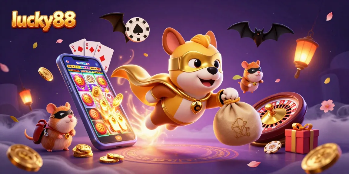 Engaging lucky88 scene featuring a superhero dog flying with gold coins amidst vibrant slot and card elements.