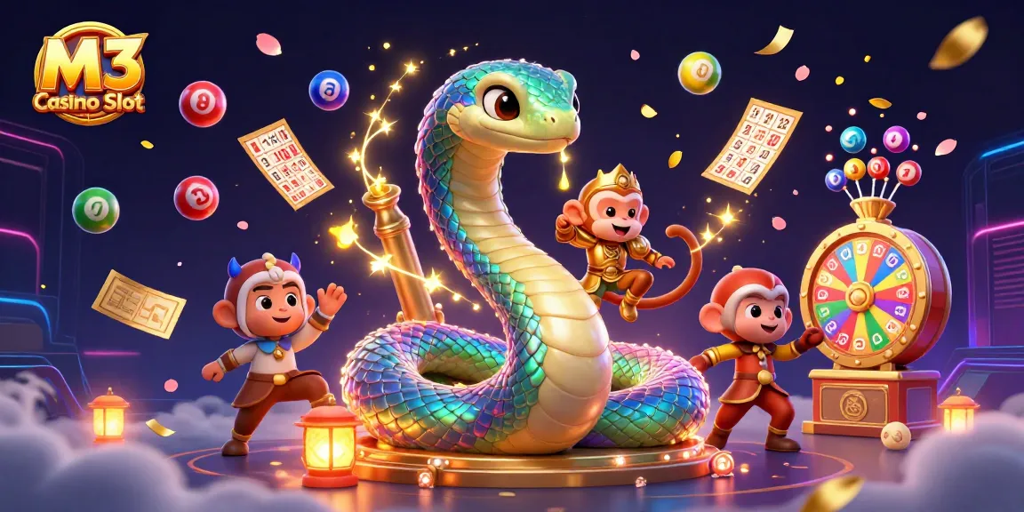 Experience the vibrant excitement of M3 Casino Slot with colorful lottery elements and a dynamic 3D illustration.