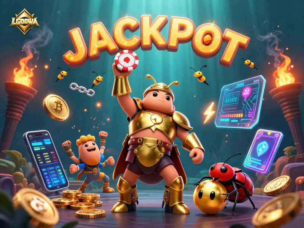 Experience winning moments with LGODEWA as a victorious beetle celebrates with a poker chip.