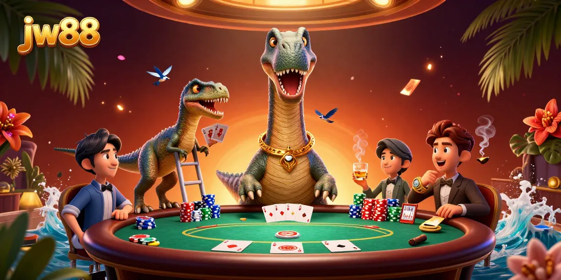 Experience thrilling poker action with jw88 illustrated in a vibrant casino scene featuring a dinosaur and cards.