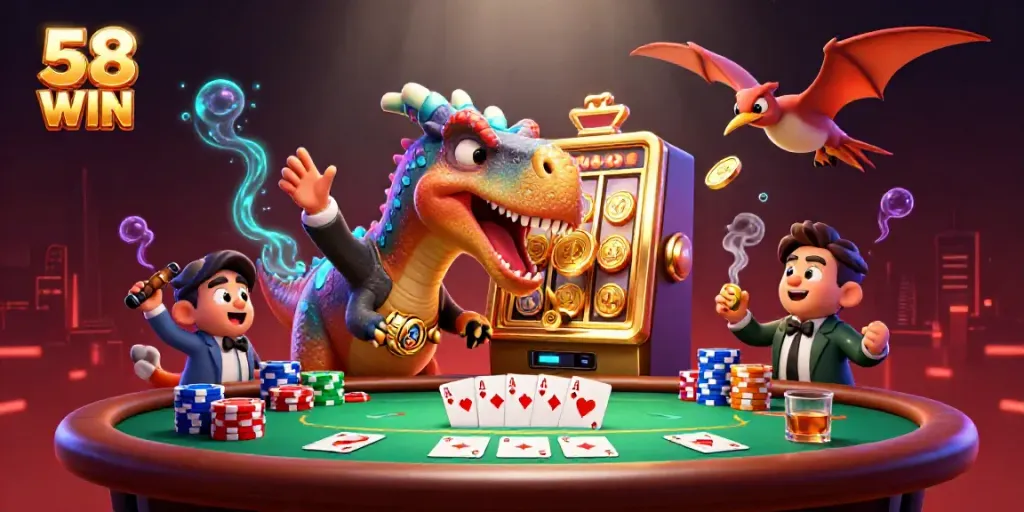 58 WIN scene featuring a dinosaur celebrating a jackpot while casino staff assist with chips and cards.