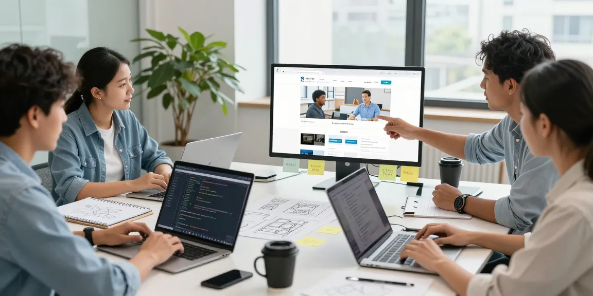 Web development company in Malaysia team collaborating on innovative web projects in a bright office.
