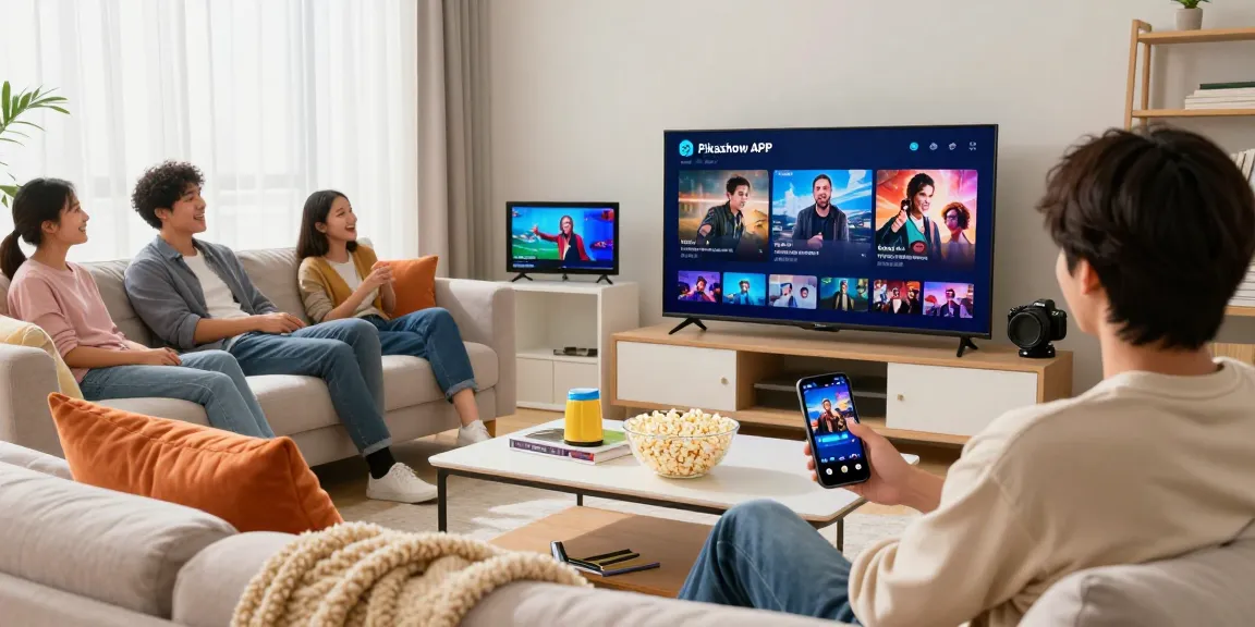 Pikashow APK streaming entertainment in a cozy living room setting with friends and family, capturing joyful moments.