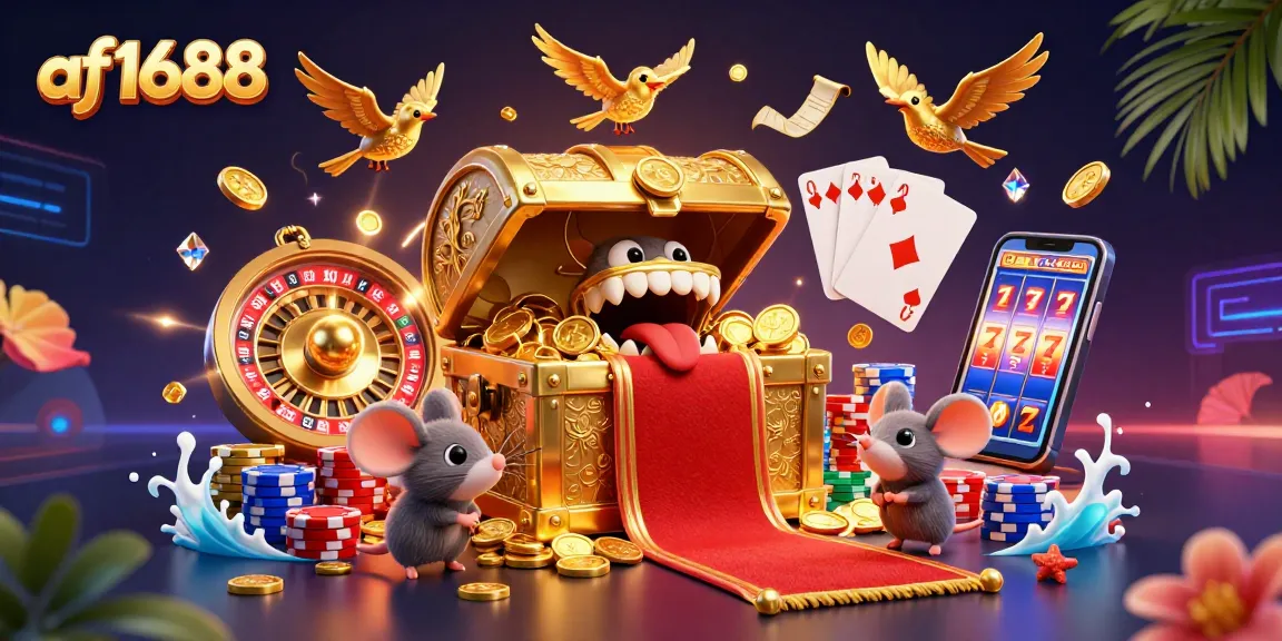 Experience the excitement of af1688's online casino with treasure chests, golden coins, and vibrant gaming elements.