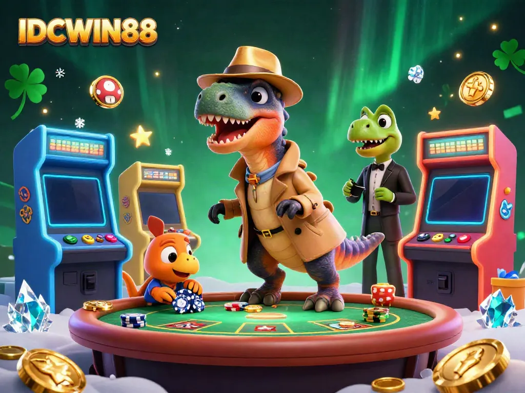 Experience thrilling gameplay at IDCWIN88 with cartoon dinosaurs in a dynamic casino scene.