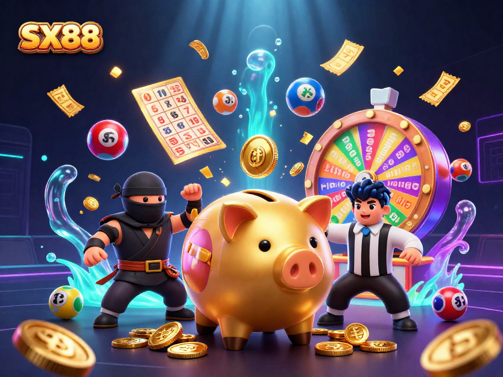 SX88 offers a vibrant scene with a golden piggy bank sumo wrestler and dynamic lottery elements.