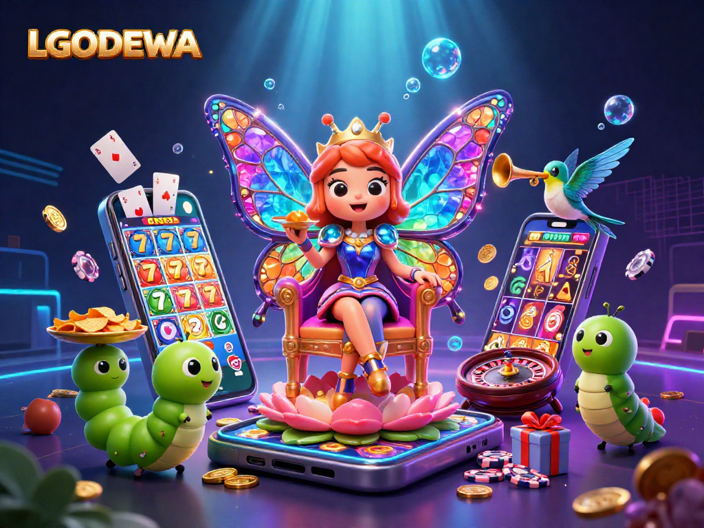 Experience the excitement with LGODEWA's vibrant casino scene featuring a butterfly queen and dynamic game elements.