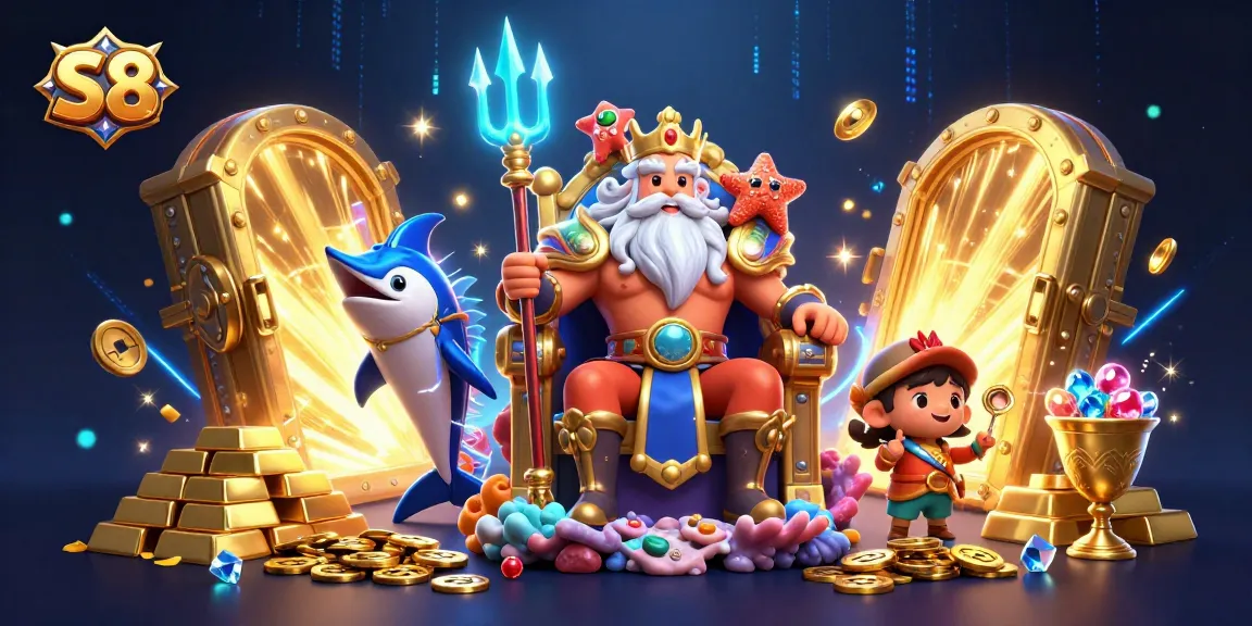 Experience thrilling gaming action at S8 with interactive scenes featuring Neptune, gold treasures, and dynamic game elements.