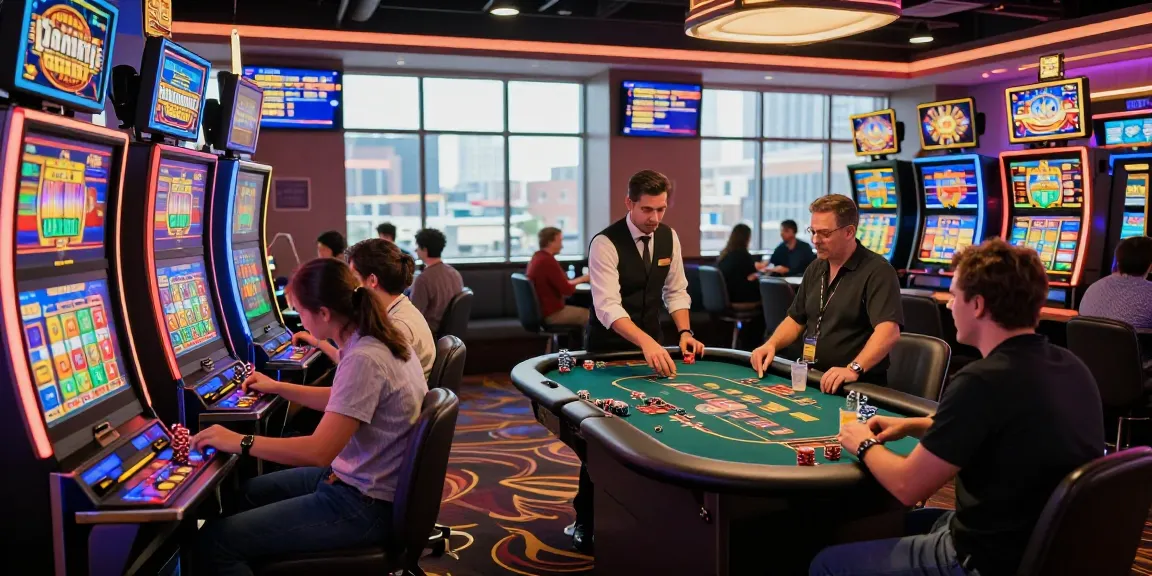 Link Slot Gacor Kartupoker with players enjoying vibrant casino atmosphere, showcasing excitement and energy.