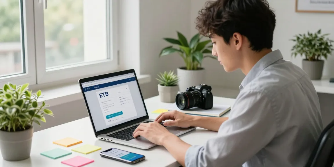 Pago factura ETB en un entorno de trabajo digital, profesional concentrado en la laptop.