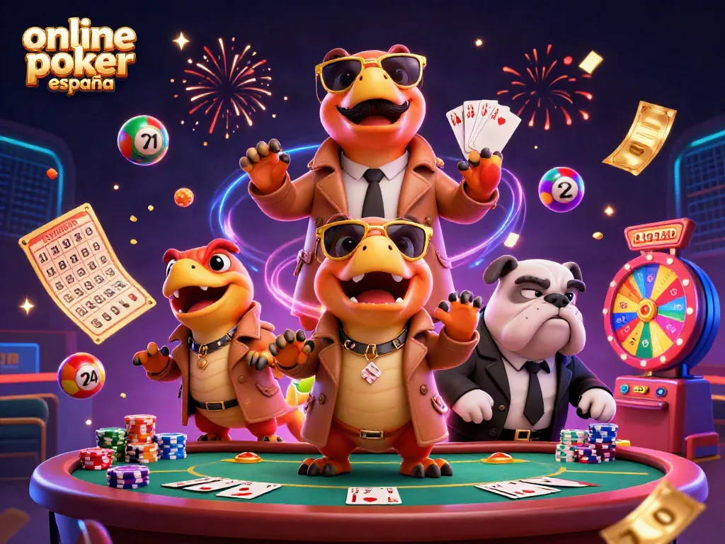 Juega al póker online en España con adrenalina en una ilustración vibrante y dinámica.