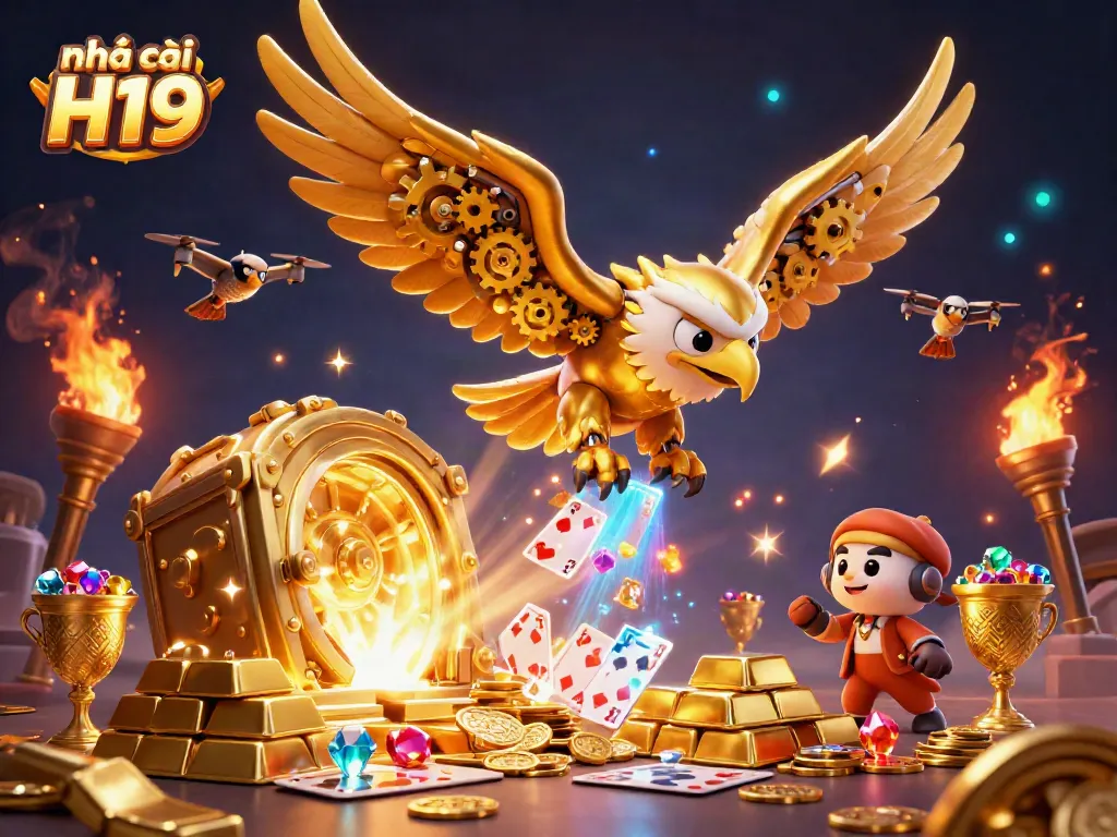 Experience the thrilling atmosphere of nhà cái H19 with dynamic 3D casino action, featuring a cybernetic eagle.