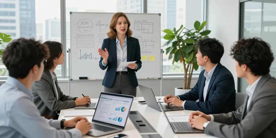 Meredith Schwarz leading a strategic meeting with a diverse team in a modern corporate office, showcasing leadership in finance.