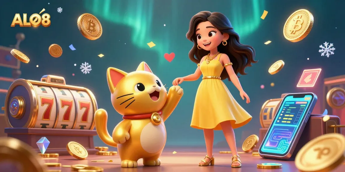 Experience the vibrant casino atmosphere of ALO8 with a cheerful character and lucky symbols.