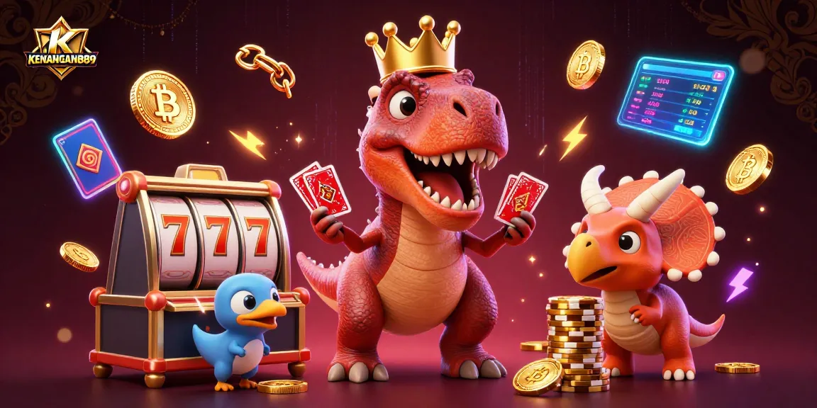Play and win big with KENANGAN889 in a vibrant cartoon casino scene featuring dynamic characters.