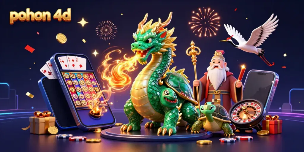 Experience thrilling games at pohon 4d with a jade dragon, turtle sage, and flying cranes amidst vibrant casino elements.