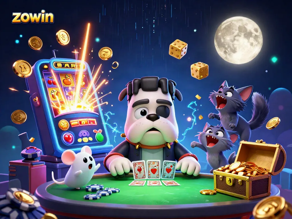 Zowin showcases a 3D cartoon monster dealing cards at a spooky table, surrounded by vibrant casino elements.