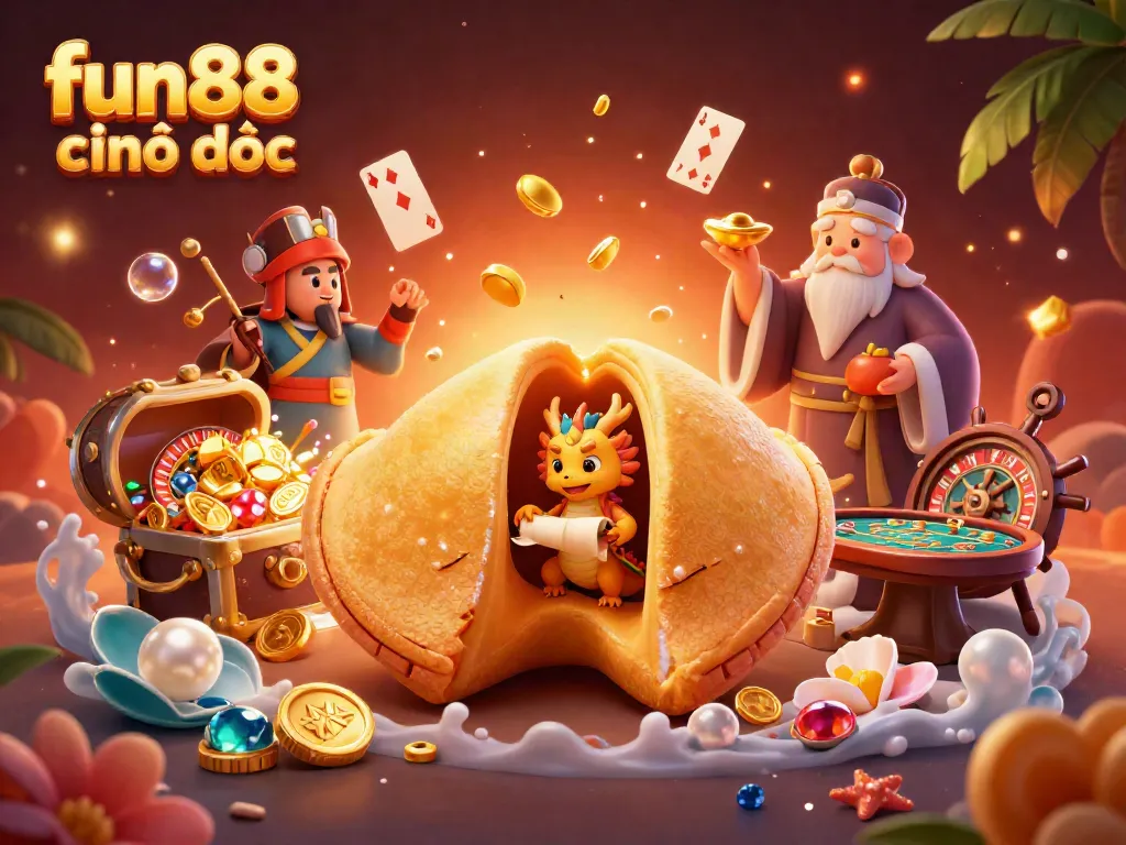 Experience the excitement at fun88 chính thức with this vibrant illustration, featuring a golden fortune cookie and dynamic casino elements.