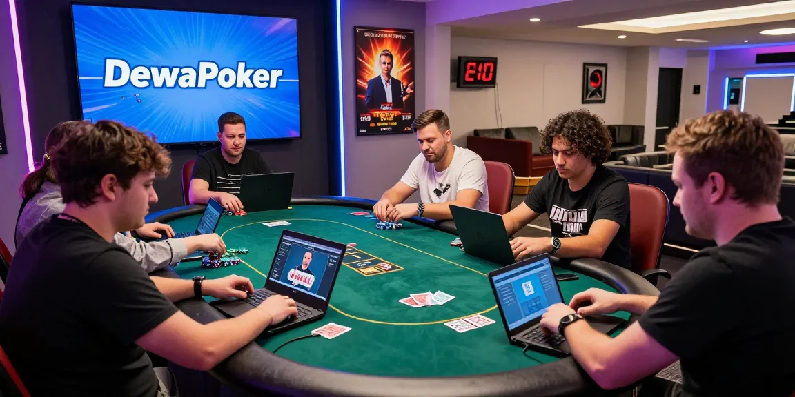 DewaPoker online gaming scene with diverse players engaged at digital poker table.