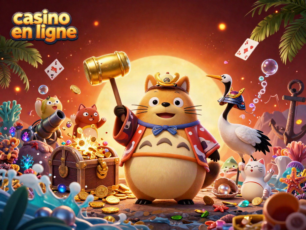 Casino en ligne : tanuki chanceux décoré et animaux porte-bonheur émerveillés au milieu des pièces d'or sous-marines.