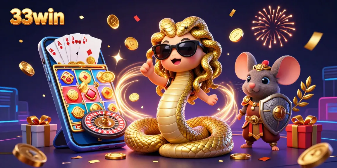 Engage with 33win's vibrant casino illustration, featuring games, characters, and festive effects.